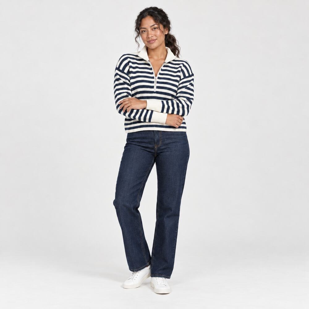 Madewell Sweater WMNS XS White Navy Stripe Half Zip Mock Neck Cotton Nautical